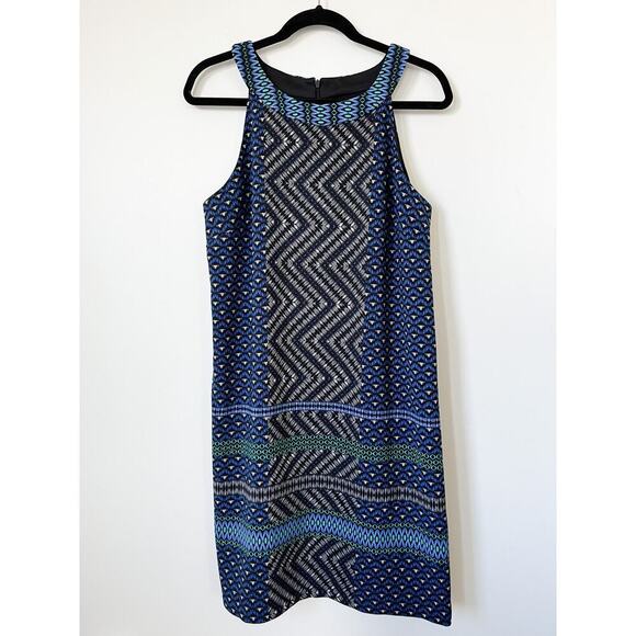 Maggy London Sleeveless Geometric Print Dress 14 Blue Green White Career Spring - Picture 1 of 11